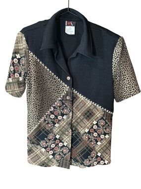L&B Black Patchwork Short-Sleeve Blouse with Floral & Leopard Panels 90’s
